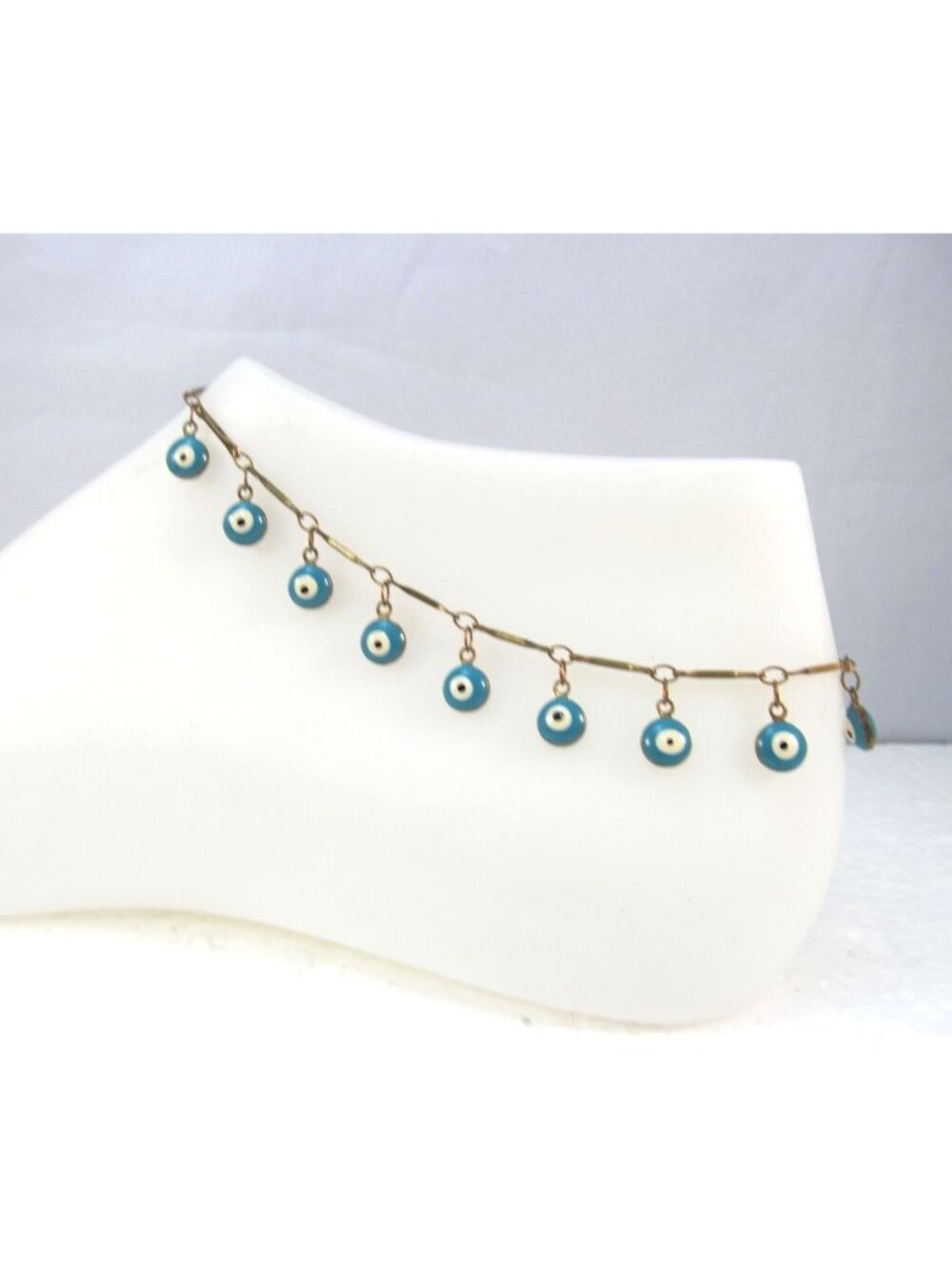 Gold Tone Blue Evil Eye Dangling Beaded Anklet Boho Beach Foot Jewelry 9.5"